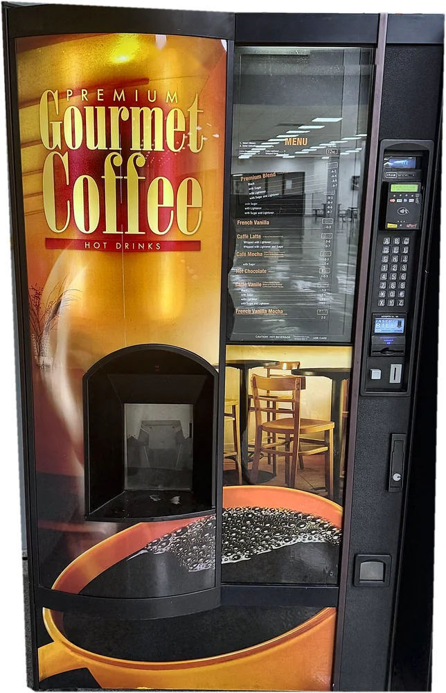 Gourmet coffee machine with a menu of black coffee, latte, mocha, French vanilla and hot chocolate.